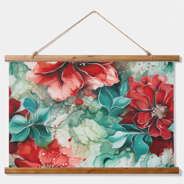 Tapiz Con Marco De Madera Crimson Yuletide Blooms Botánico (Anverso )