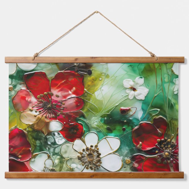 Tapiz Con Marco De Madera Crimson Yuletide Blooms Botánico (Anverso )