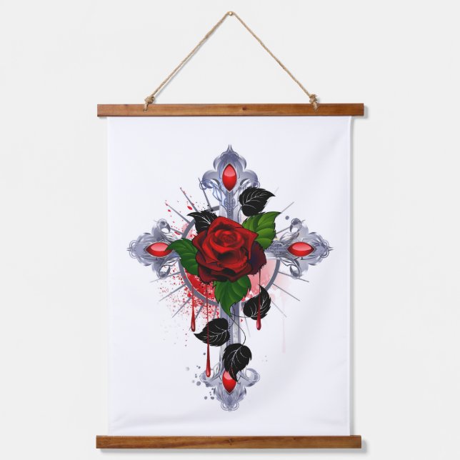 Tapiz Con Marco De Madera Cruz de Plata con una Rosa Roja (Anverso)