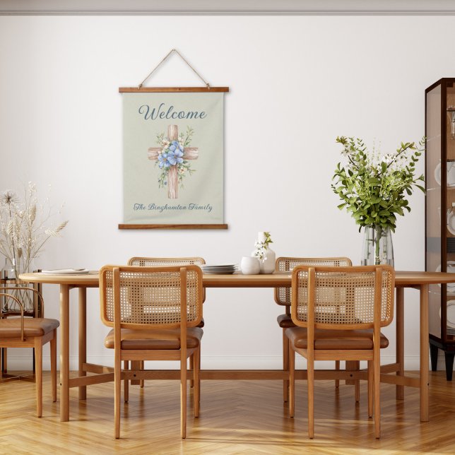 Tapiz Con Marco De Madera Cruz floral azul acuarela personalizada (Watercolor Blue Floral Cross Personalized Hanging Tapestry
)