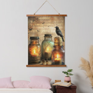 Tapiz Con Marco De Madera Cuervo iluminado con velas con botellas antiguas y