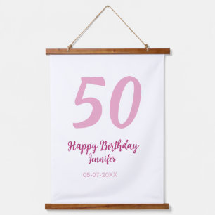 Tapiz Con Marco De Madera cumpleaños 50 nombre fecha año rosa rojo negrita