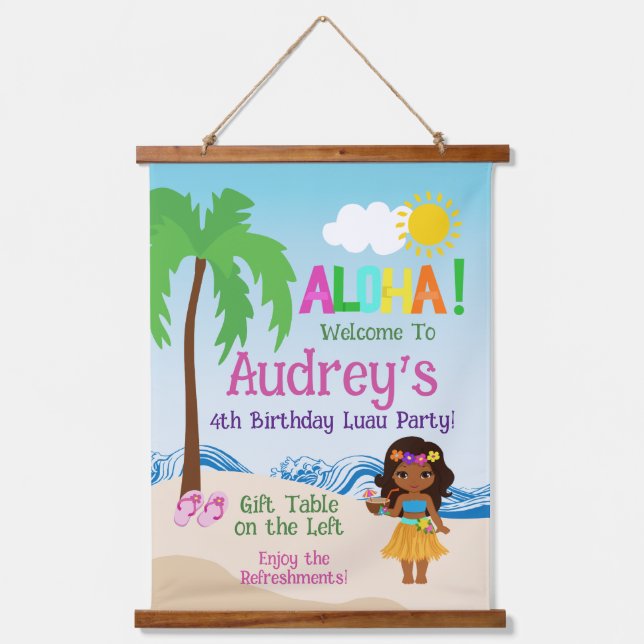 Tapiz Con Marco De Madera Cumpleaños Aloha Luau (Anverso)