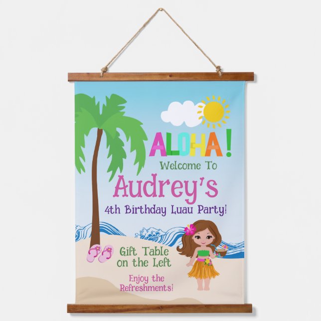 Tapiz Con Marco De Madera Cumpleaños Aloha Luau (Anverso)