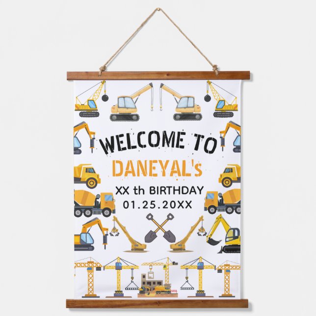 Tapiz Con Marco De Madera Cumpleaños infantil de construcción moderna (Anverso)