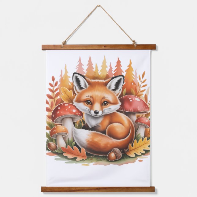 Tapiz Con Marco De Madera Cute fox hongos bosque  (Anverso)