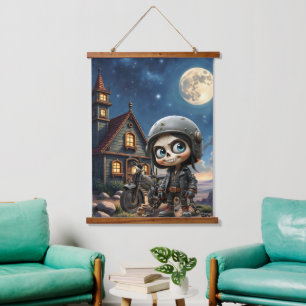 Tapiz Con Marco De Madera Cute Skull Biker Paseo bajo la luz de la luna po
