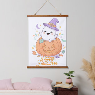 Tapiz Con Marco De Madera Cute Spooky Halloween Ghost y Wallpaper de Calabaz