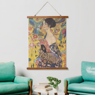 Tapiz Con Marco De Madera Dama Art Nouveau Vintage con pintura de abanico