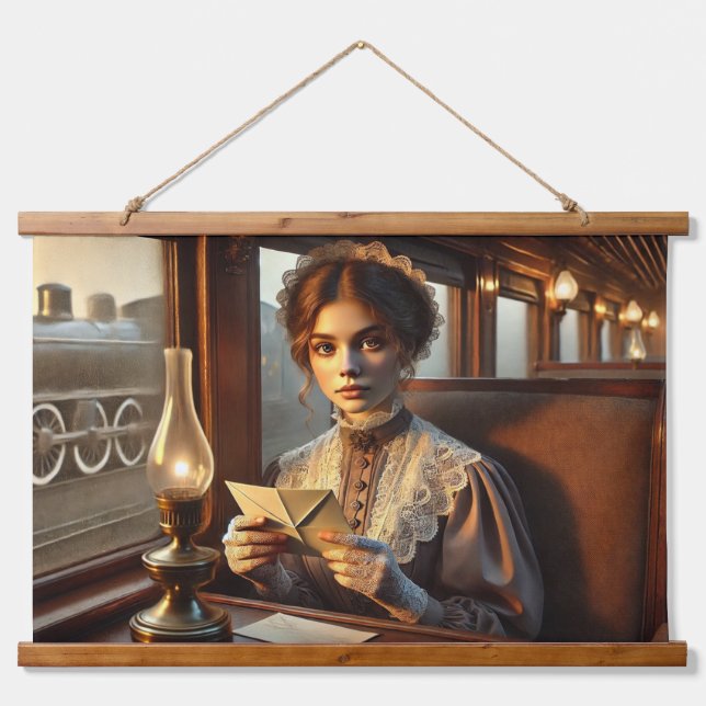 Tapiz Con Marco De Madera Dama victoriana leyendo una carta en un tren (Anverso )