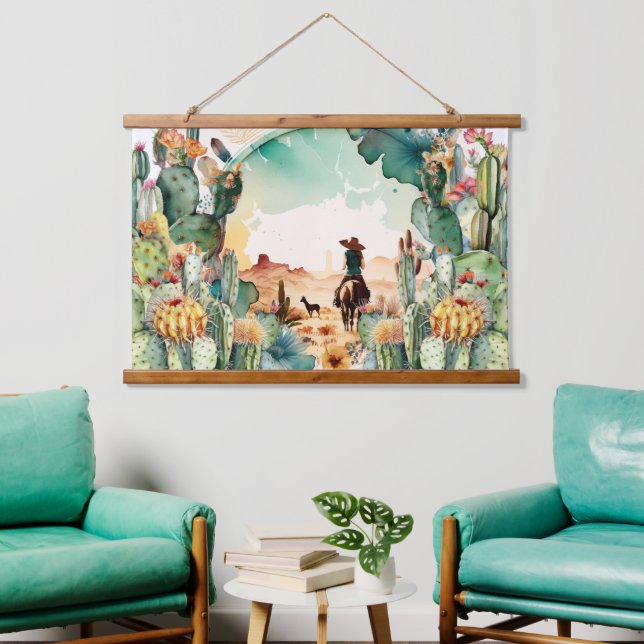 Tapiz Con Marco De Madera Decoración de cactus del desierto de la acuarela d (Sala de estar)