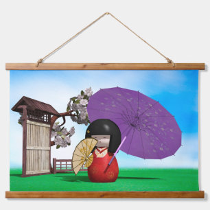 Tapiz Con Marco De Madera Decoración de guardería con muñeca Kokeshi Japones