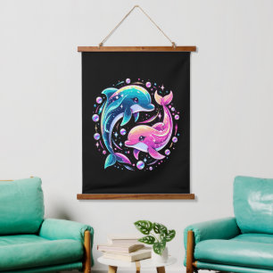 Tapiz Con Marco De Madera Delfín Colorido Arte Oceánico Amor por Animal Mari