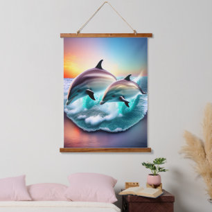 Tapiz Con Marco De Madera Delfines en el arte Ocean Sunset 3d Ai