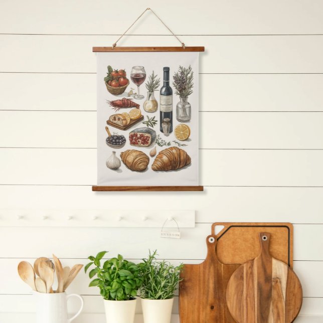 Tapiz Con Marco De Madera Delicias culinarias acuarela Tapiz Arte de Desplaz (Hanging Kitchen Wood Top Scroll Art Cullinary Delights Watercolor Food Illustrations Farm to Table)
