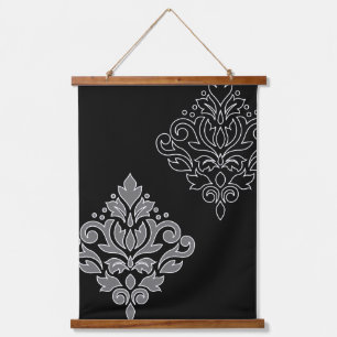 Tapiz Con Marco De Madera Desplazamiento Damask Art I Línea Blanca Gris Negr