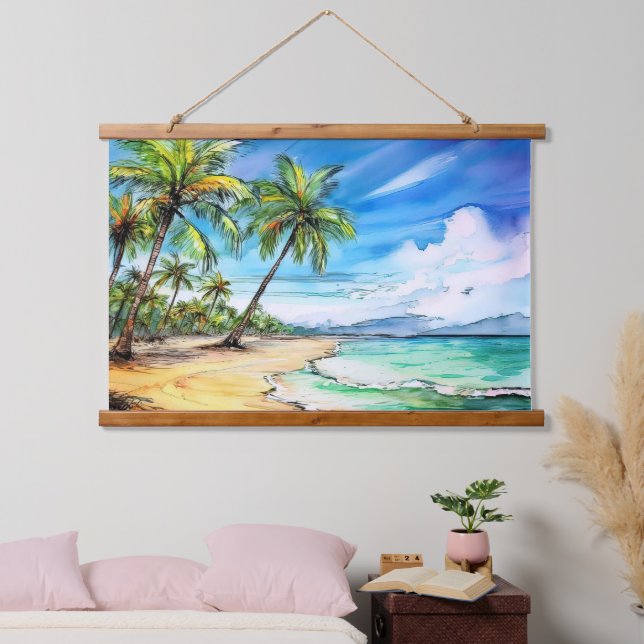 Tapiz Con Marco De Madera Día de playa en Kauai (Dormitorio)