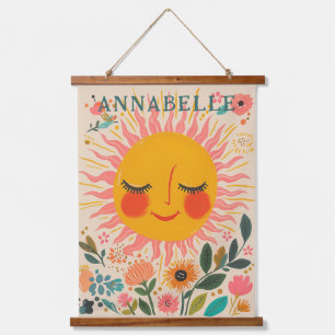 Tapiz Con Marco De Madera Día Soleado Boho Ilustración Floral Primer Nombre