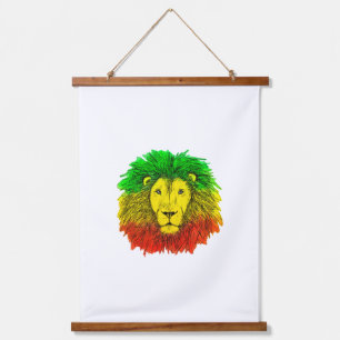 Tapiz Con Marco De Madera Dibujo de cabeza de león Rasta rojo amarillo verde