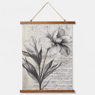 Tapiz Con Marco De Madera Dibujo de Flor Marrón Nostálgico en Papel Antiguo