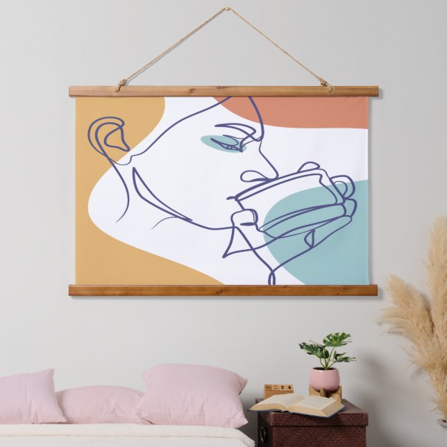 Tapiz Con Marco De Madera dibujo de líneas poster de la mujer tomando café (Dormitorio)