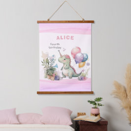 Tapiz Con Marco De Madera Dino Fiesta Chica acuarela Pink Birday