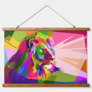 Tapiz Con Marco De Madera Diseño de arte pop prismático colorido de león