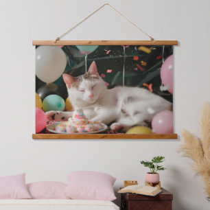 Tapiz Con Marco De Madera Diseño de celebración de cumpleaños de gatos adora