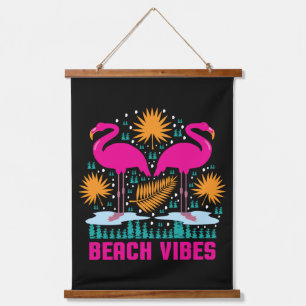 Tapiz Con Marco De Madera Diseño de Flamencos Rosados Beach Vibes