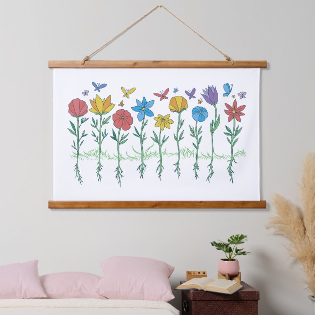 Tapiz Con Marco De Madera diseño de flores en crecimiento (Dormitorio)