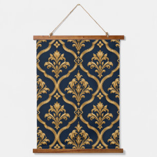 Tapiz Con Marco De Madera Diseño de Motivo Vintage de Damasco Dorado y Azul