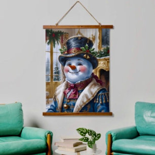 Tapiz Con Marco De Madera Diseño de Navidad de muñeco de nieve victoriano