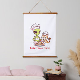 Tapiz Con Marco De Madera Diseño Kawaii de Gato Chef Alien Donut