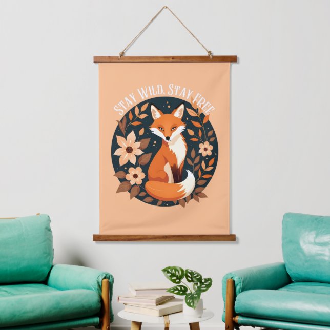Tapiz Con Marco De Madera Diseño Woodland de Boho Fox "Stay Wild, Stay Free" (Sala de estar)