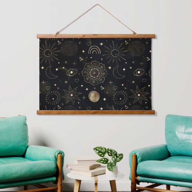 Tapiz Con Marco De Madera Doodles Boho Gold Space Diseño Negro (Sala de estar)