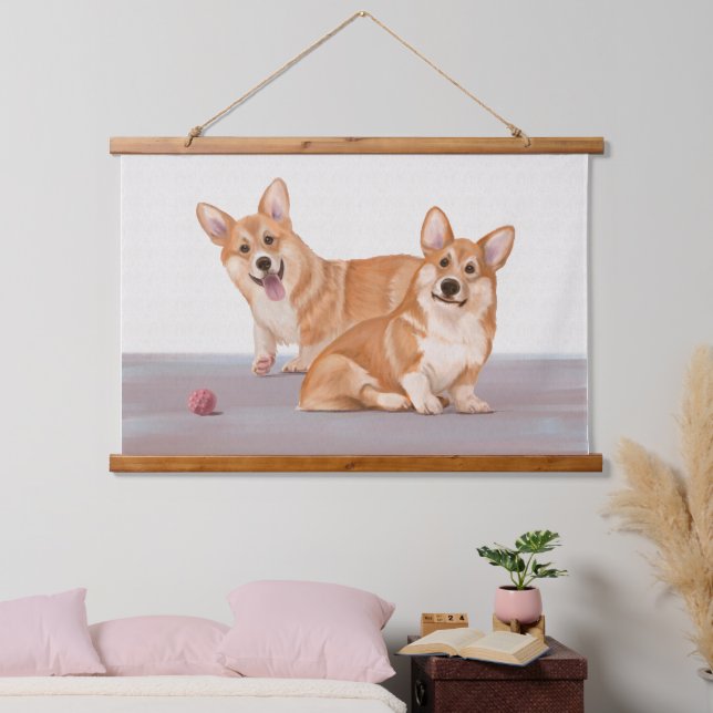 Tapiz Con Marco De Madera Dos Corgis Cute (Dormitorio)