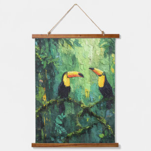 Tapiz Con Marco De Madera Dosel de la selva verde de tucanes Arte tropical