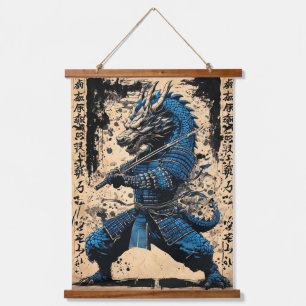 Tapiz Con Marco De Madera Dragón azul oriental Guerrero de Samurai - Tinta j
