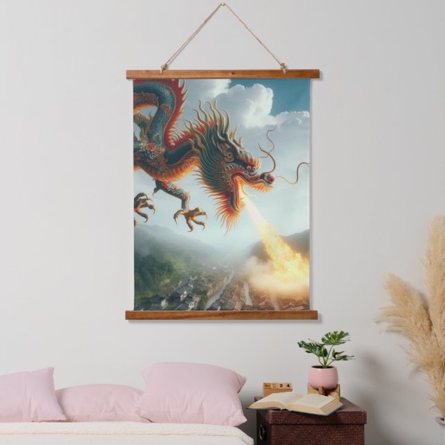 Tapiz Con Marco De Madera Dragón chino (Dormitorio)