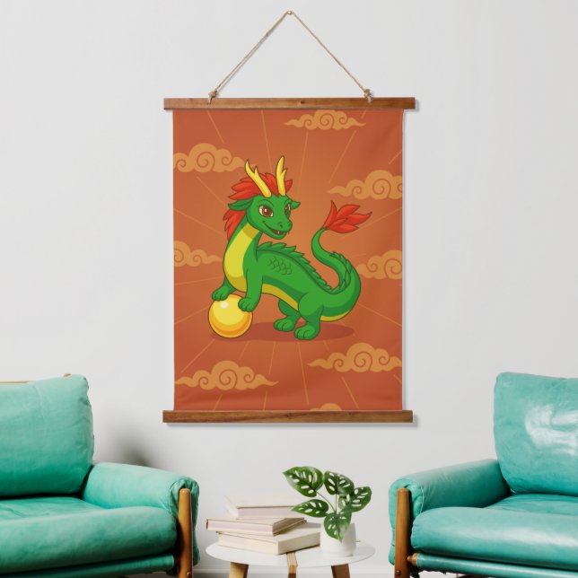 Tapiz Con Marco De Madera Dragón Chino Verde sobre Rojo (Sala de estar)