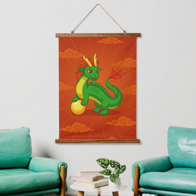 Tapiz Con Marco De Madera Dragón Chino Verde sobre Rojo (Sala de estar)
