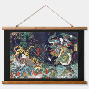 Tapiz Con Marco De Madera Dragón lucha contra el tigre, Toyokuni, Ukiyo-e