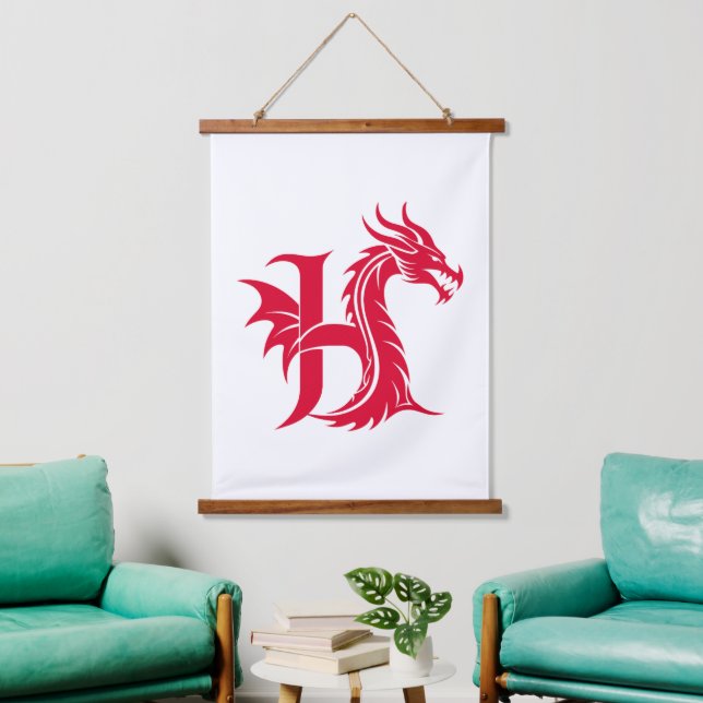 Tapiz Con Marco De Madera Dragon Styled Letter H, Dragon Alphabet, Monogram (Sala de estar)