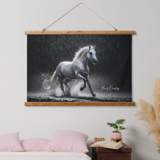 Tapiz Con Marco De Madera Dramatic White Horse Galloping in Rain
