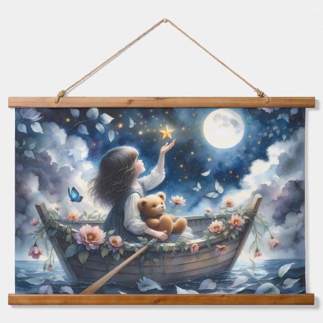 Tapiz Con Marco De Madera Dreamy Girl Rowing Boat Moonlit Fantasy Scene (Anverso )