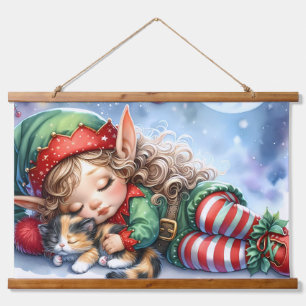 Tapiz Con Marco De Madera Duende de Navidad durmiendo con gatito calico