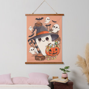 Tapiz Con Marco De Madera Dulce Fantasma de Halloween en Estilo Kawaii