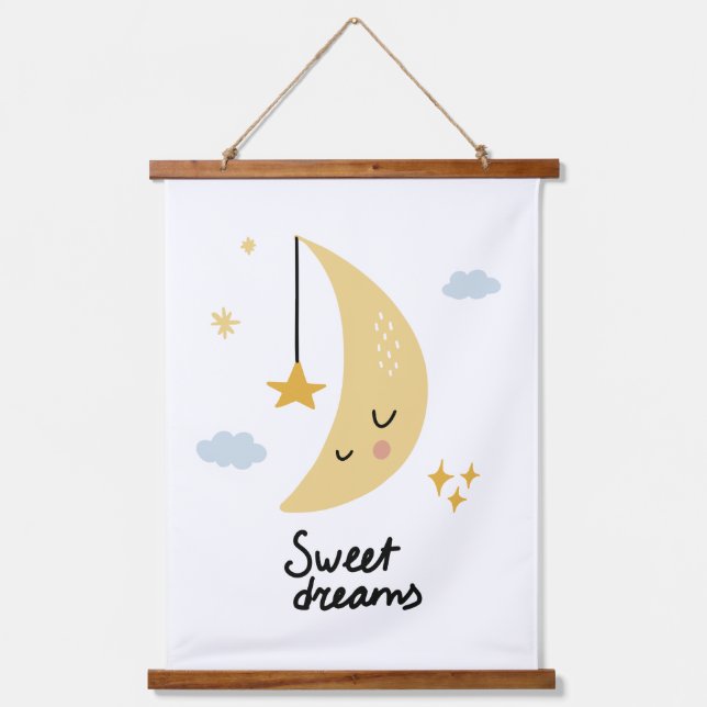 Tapiz Con Marco De Madera Dulces sueños Luna y estrellas (Anverso)