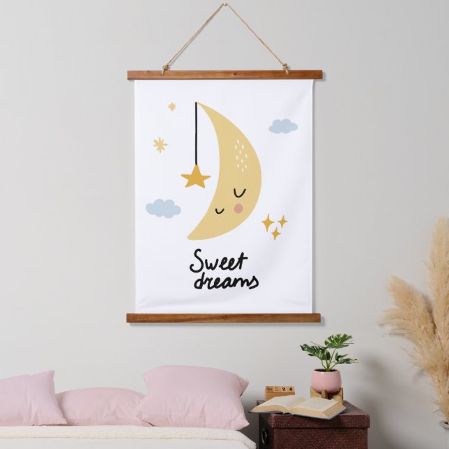 Tapiz Con Marco De Madera Dulces sueños Luna y estrellas (Dormitorio)