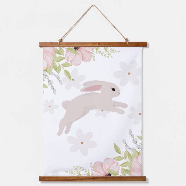 Tapiz Con Marco De Madera Easter Bunny Rabbit Pink Flowers (Anverso)